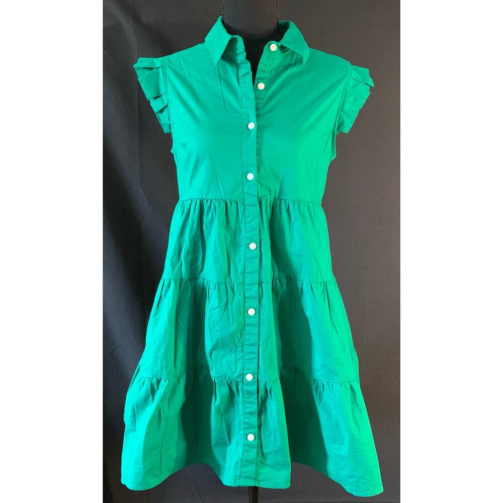 Monteau LA Green Tiered Dress Ruffle Sleeve Button Front Size L